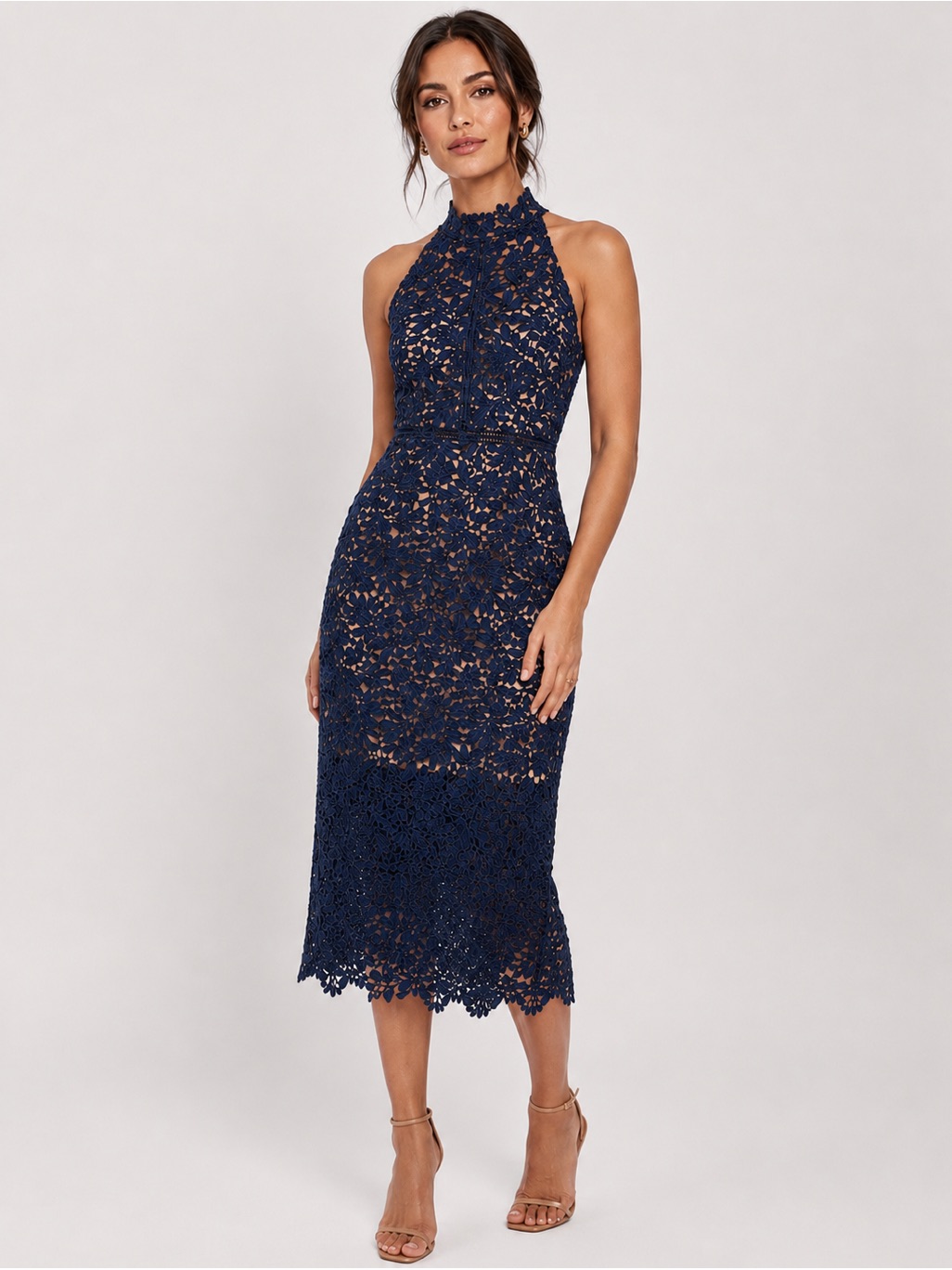 Lulus Navy & Nude Crochet Lace Overlay Midi Cocktail Wedding Party Dress Sz Xl